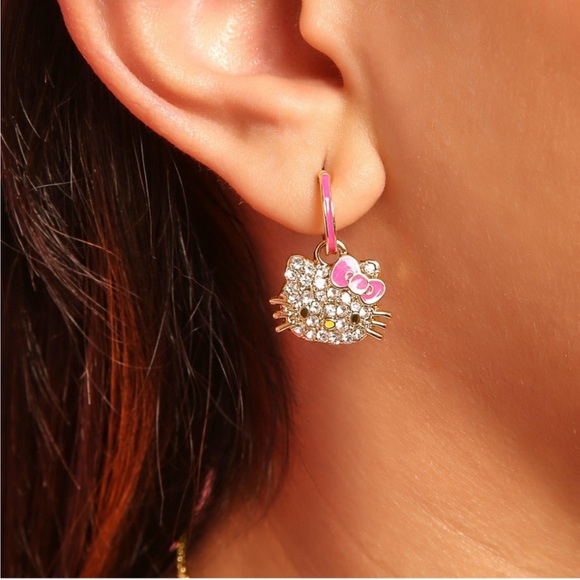 Hello Kitty Sanrio Pave Crystal Hoop Earring - Gold tone, pink - Picture 5 of 5